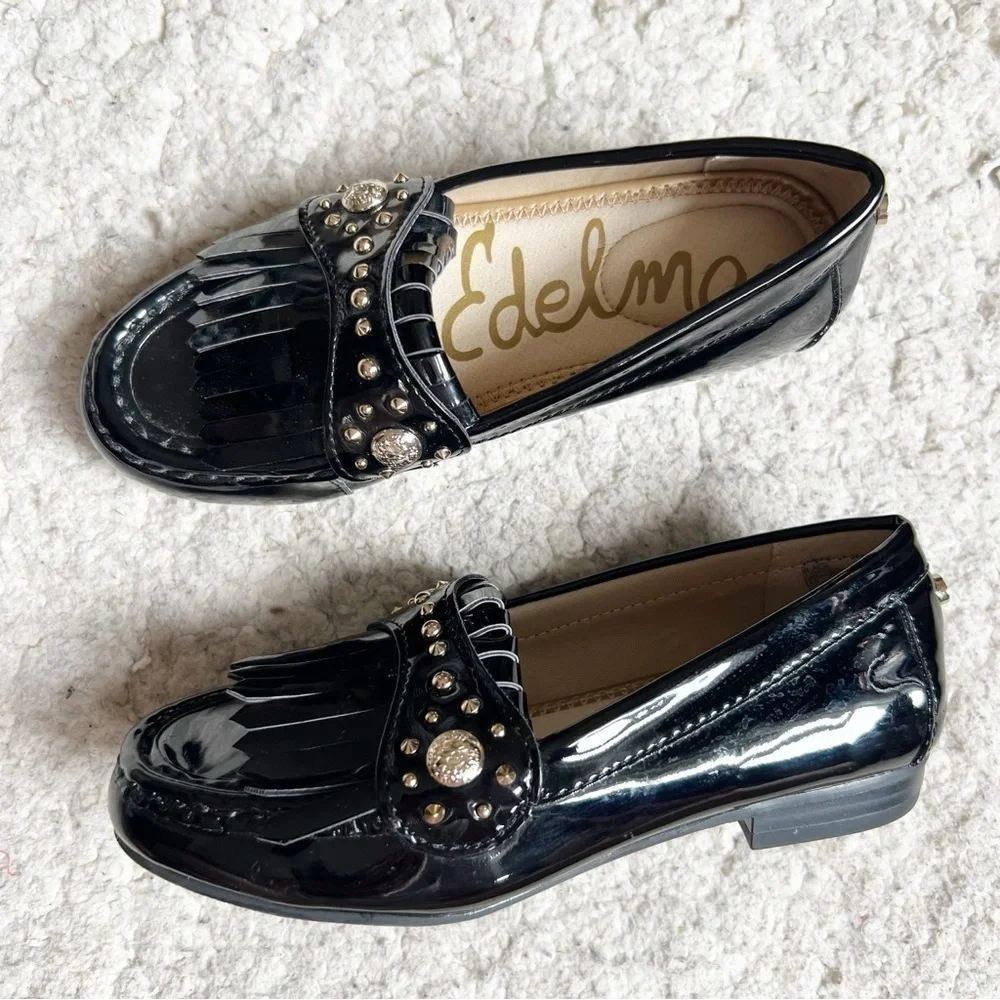 Sam Edelman Black Gold Faux Patent Leather Fringe Bedazzled Dressy Loafers Sz 13